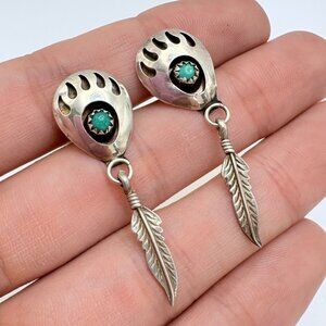 VTG Sterling Silver Shadowbox Turquoise Bear Claw Feather Dangle Earrings 1.5" L